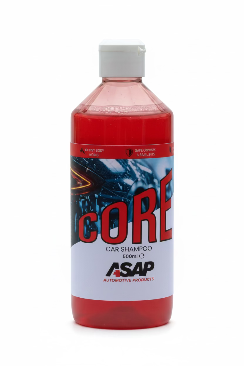 Bottle of ASAP Core car shampoo on a car surface with water droplets.