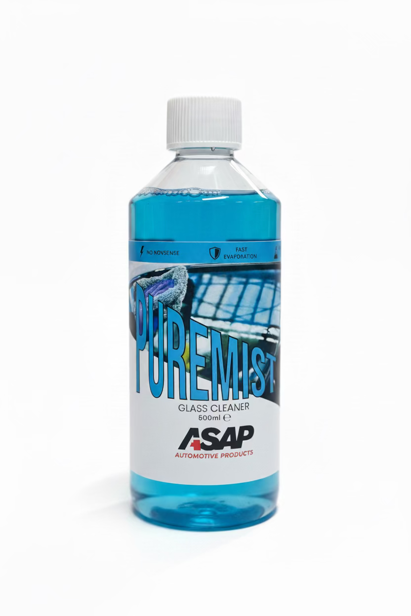 Bottle of Puremist glass cleaner on a surface